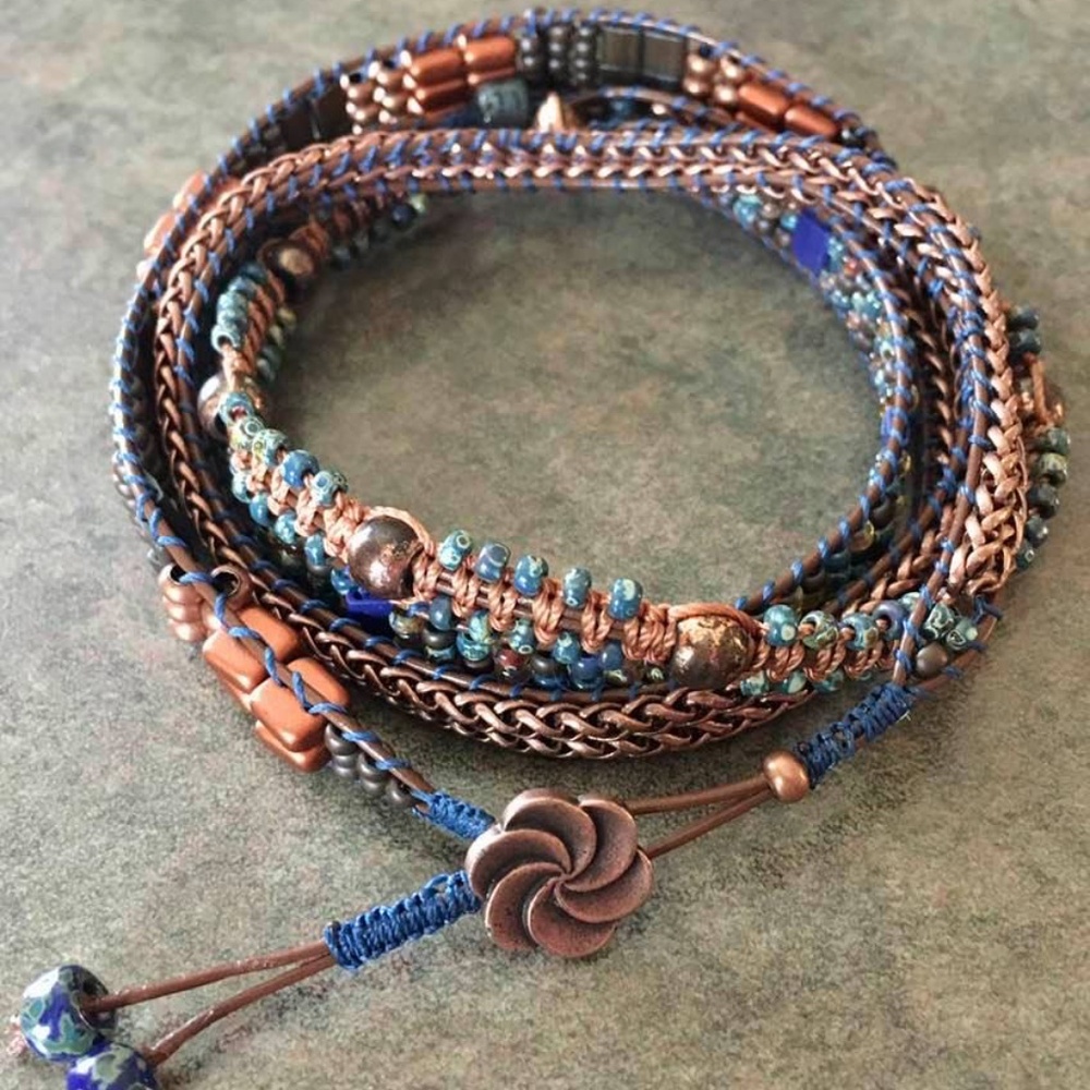 Handmade 5x Wrap Bracelet Copper and Blue